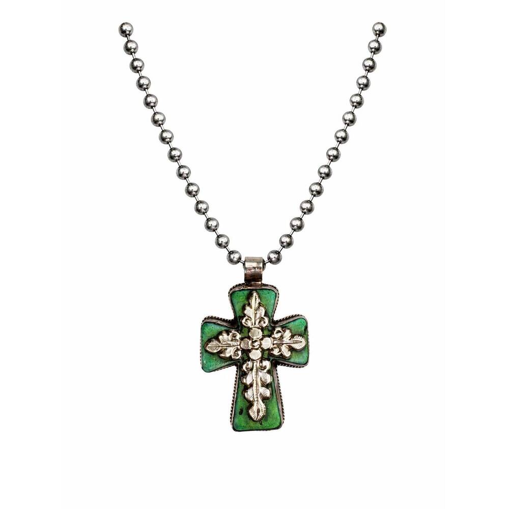 NEW BELLE VIA cross statement necklace in silver/green